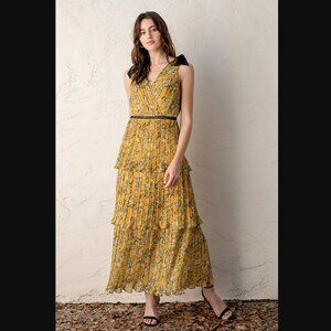 Lulus - Such Sophistication Yellow Floral Print Pleated Maxi Dress - Size S